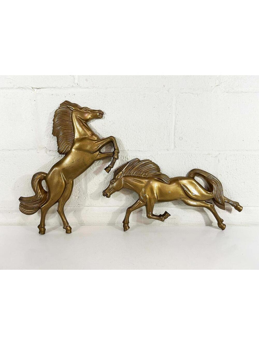 Gold Cast Metal Horse Wall Art   1970s Equestrian Decor Set
